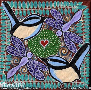Sacred Water Site with Blue Wren and Dragonfly Framed Canvas Print by Mirree Contemporary Aboriginal Art